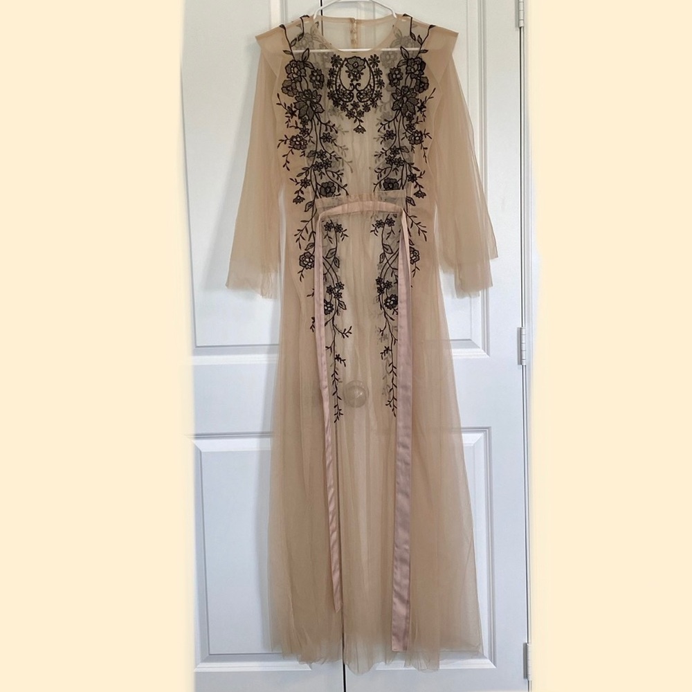 Tan Overlay Dress With Black Embroidery